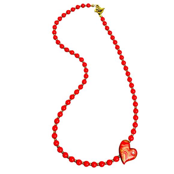 Red Beaded Polymer Clay Rhinestone Accent Side Placed Heart Pendant Necklace - Picture 2 of 3